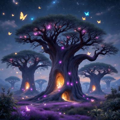 The primary subject of the image is a large tree with a hollowed-out trunk, surrounded by a forest of other trees. The setting is a lush, purple-lit forest at night, with a starry sky visible above. The visual style is a digital art or illustration, creating a surreal and magical atmosphere. The dominant colors are purple and blue, with the purple lighting illuminating the scene.